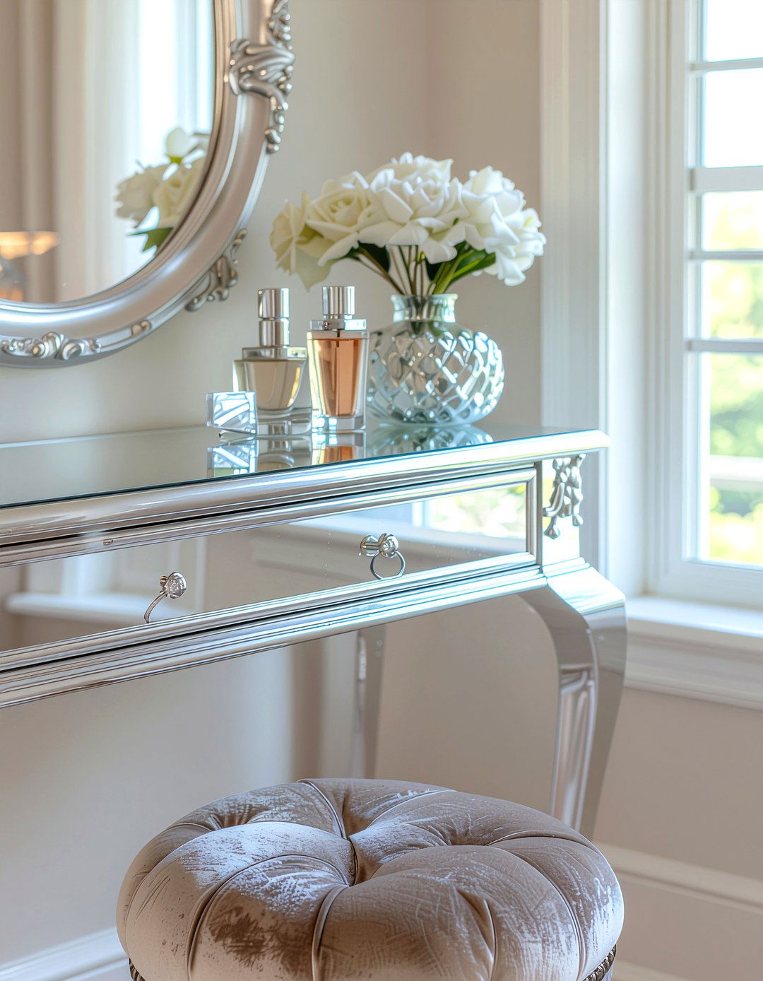 Silver vanity table - 30 silver accent bedroom ideas