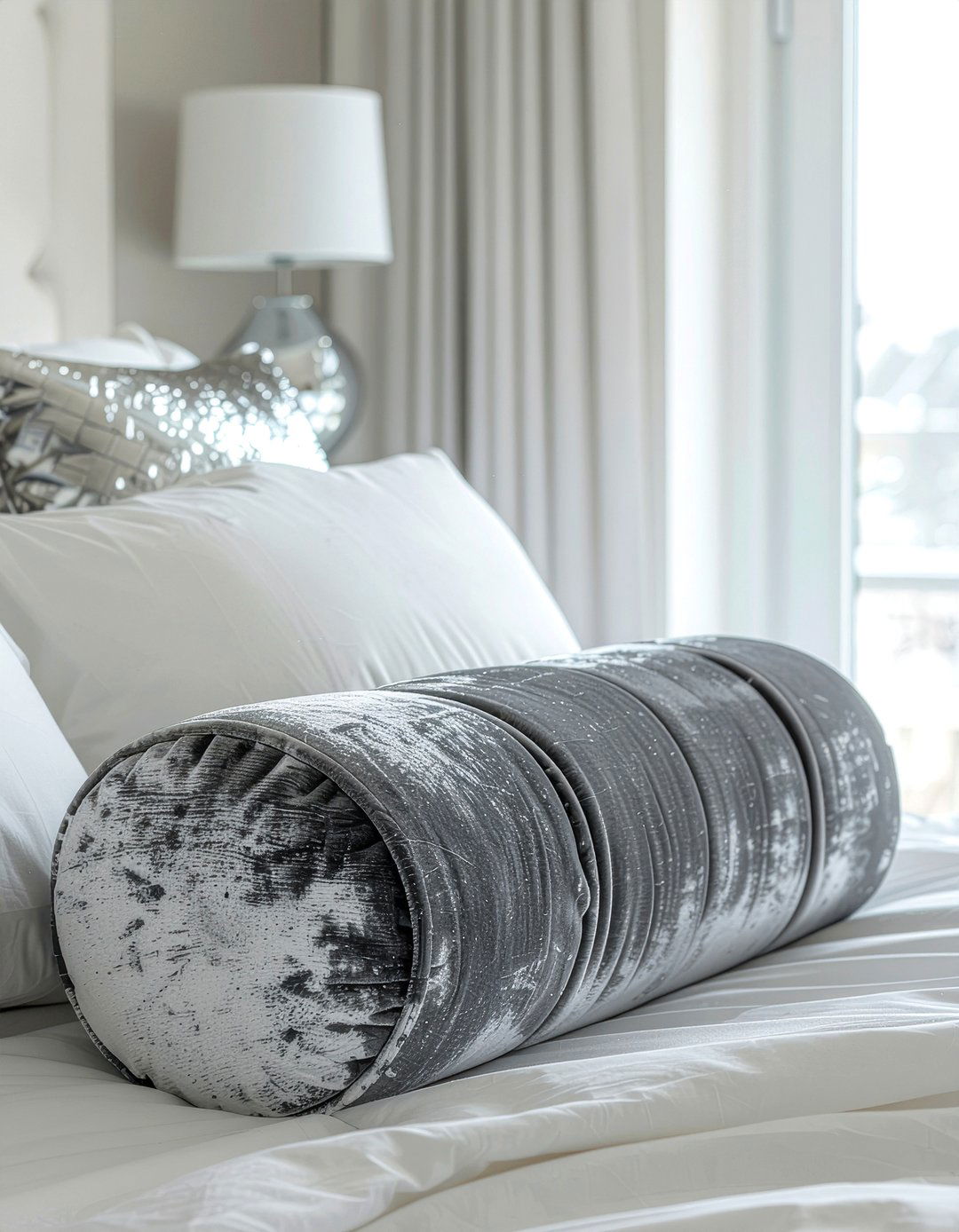 Silver velvet bolster pillow - 30 velvet bedroom ideas