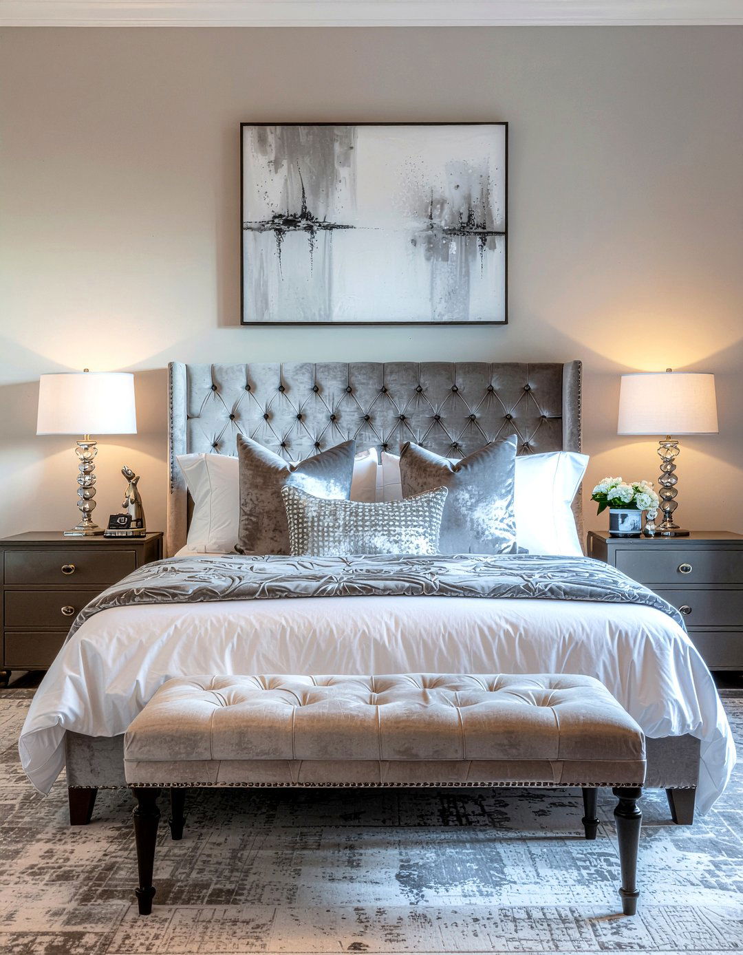 Silver velvet headboard - 30 silver accent bedroom ideas