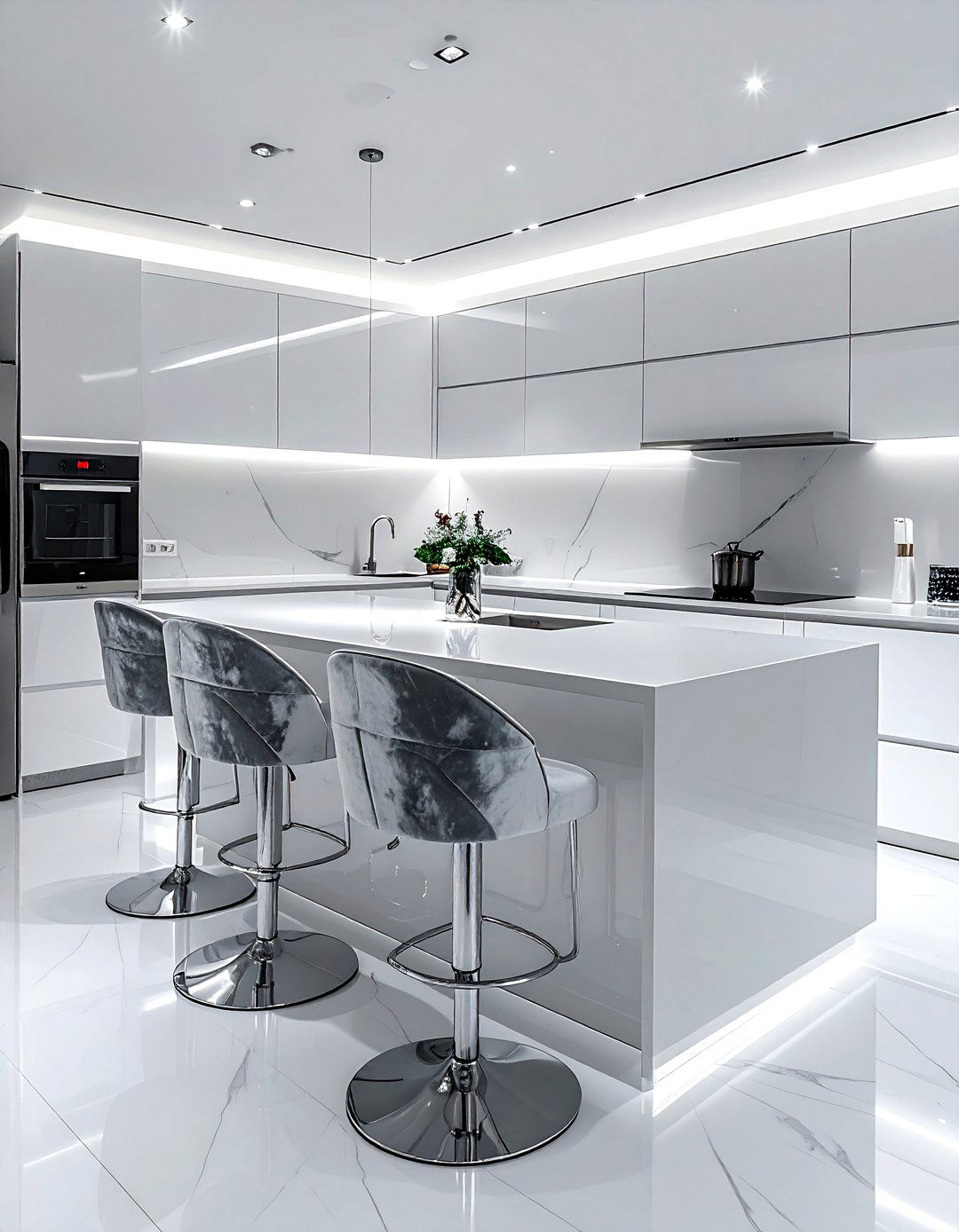 Silver velvet upholstery in minimalist kitchen - 30 velvet kitchen ideas