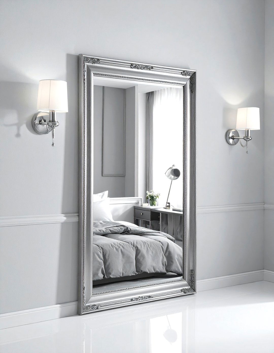 Silver wall mirror - 30 grey bedroom accessories ideas