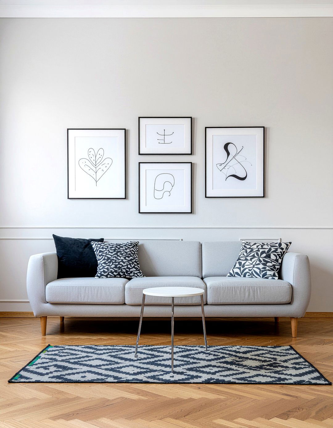 Simple gallery wall layout - 30 Scandinavian minimalist living room ideas