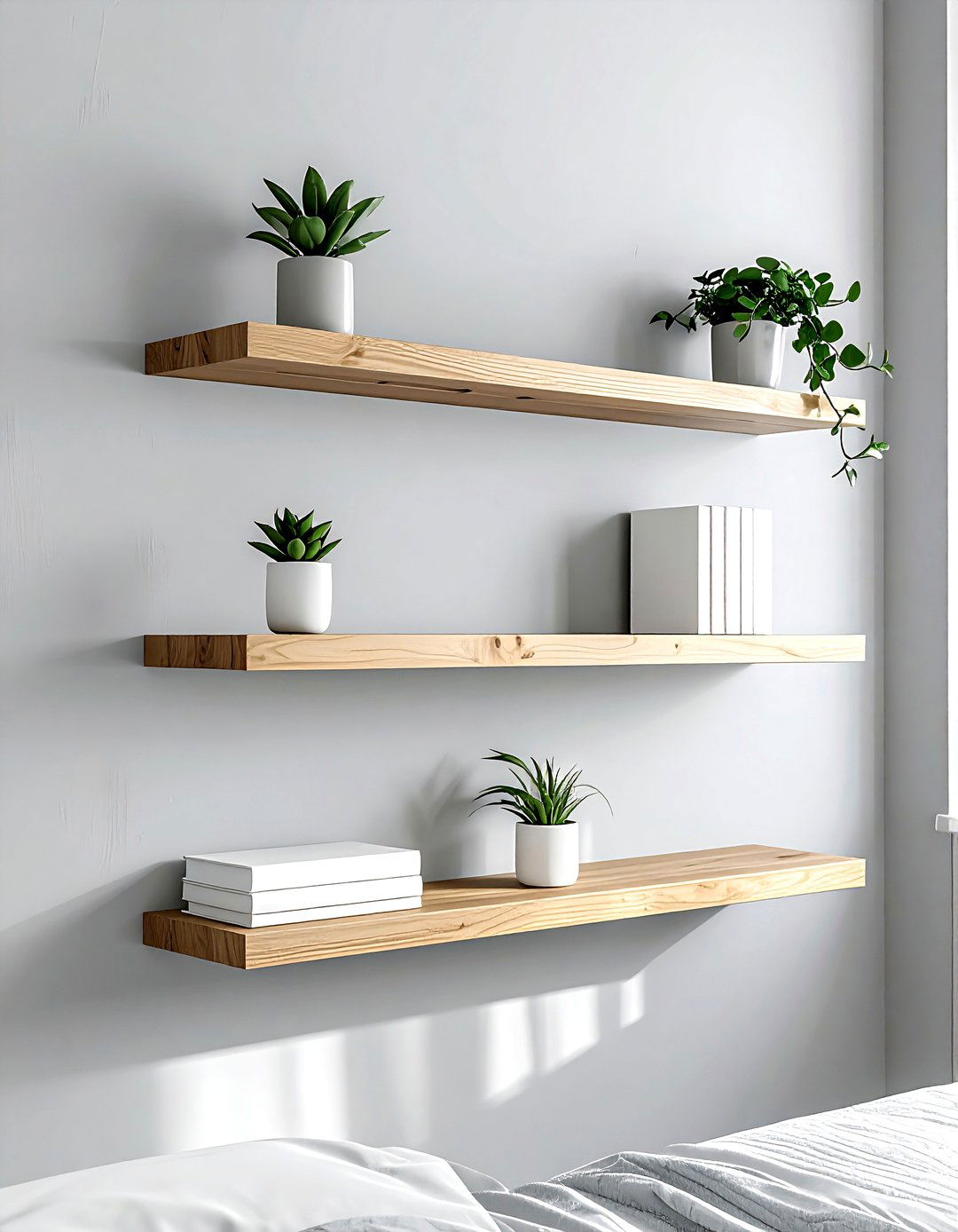 Simple wall mounted shelves - 30 scandinavian grey bedroom ideas