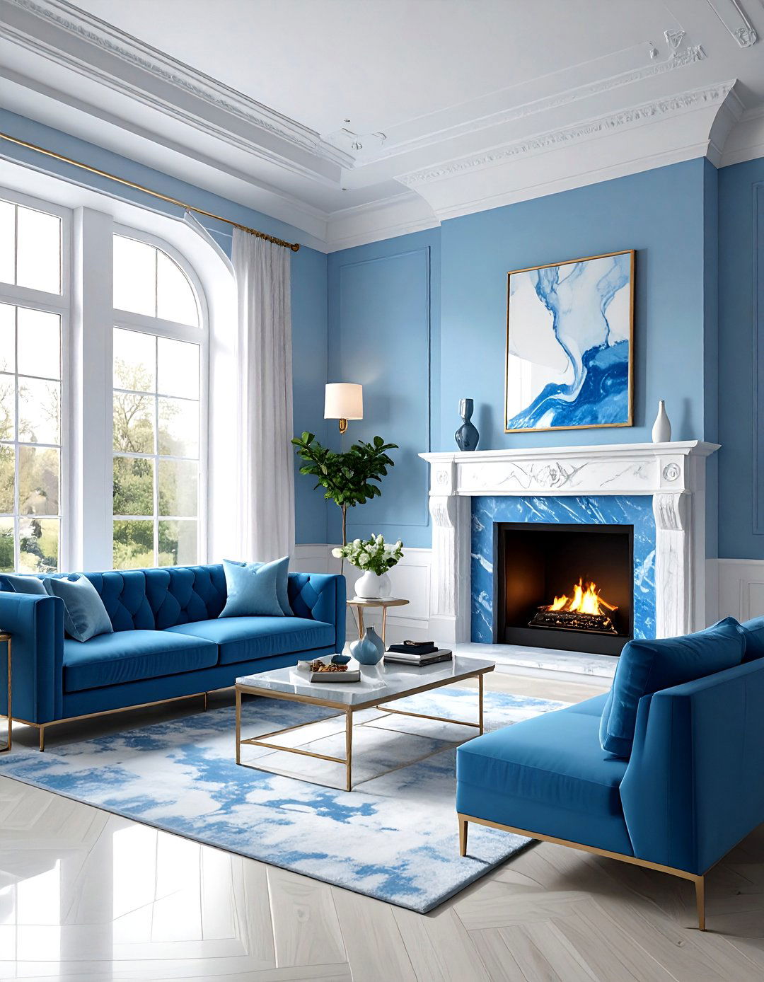 Sky Blue Marble Fireplace - 30 sky blue living room ideas