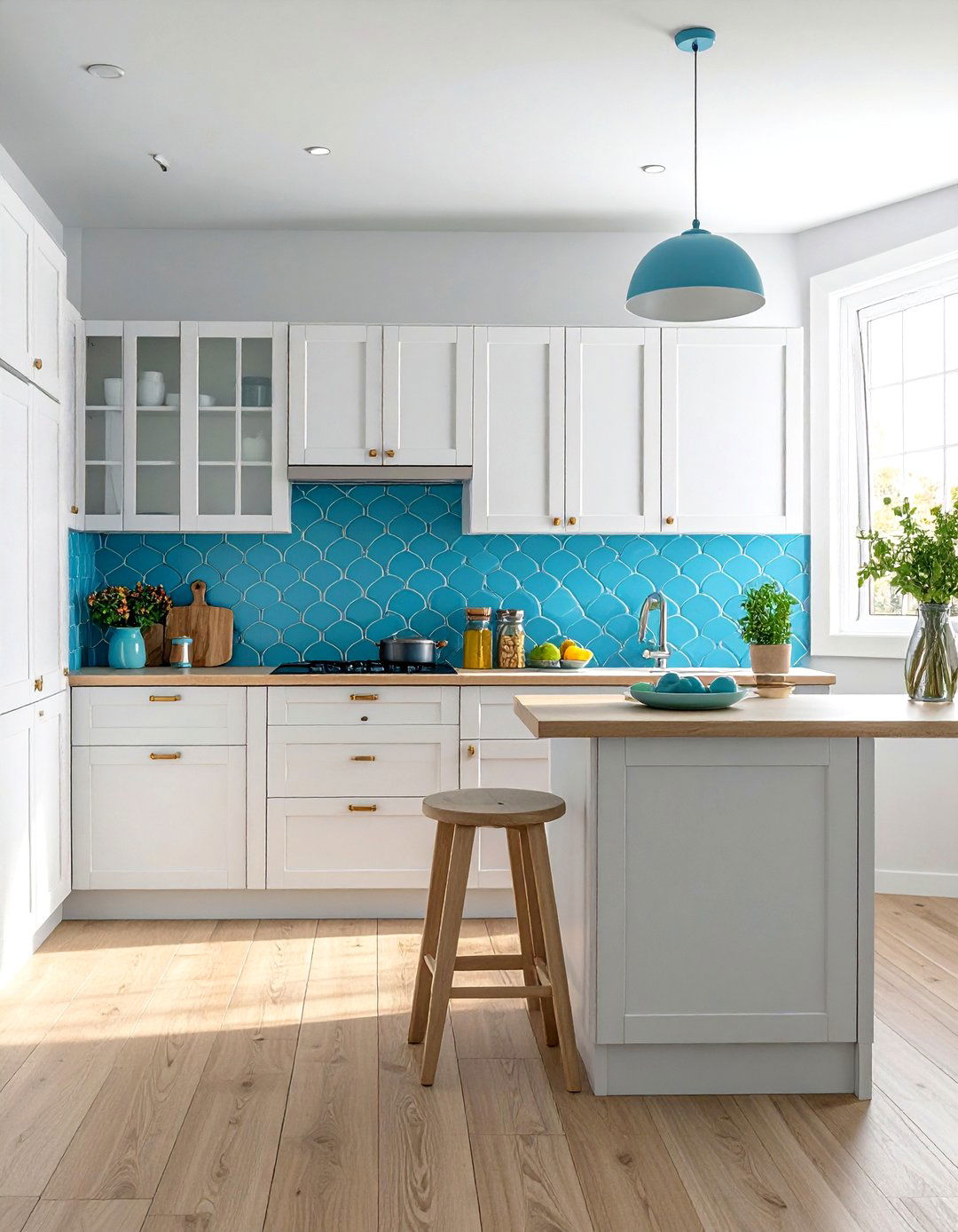 Sky blue fish scale tile kitchen - 30 fish scale tile kitchen backsplash ideas