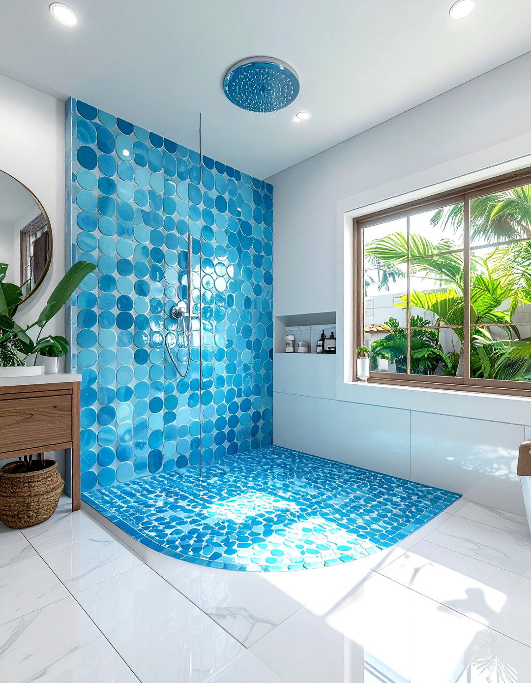 Sky blue penny tile shower - 30 penny round tile bathroom ideas
