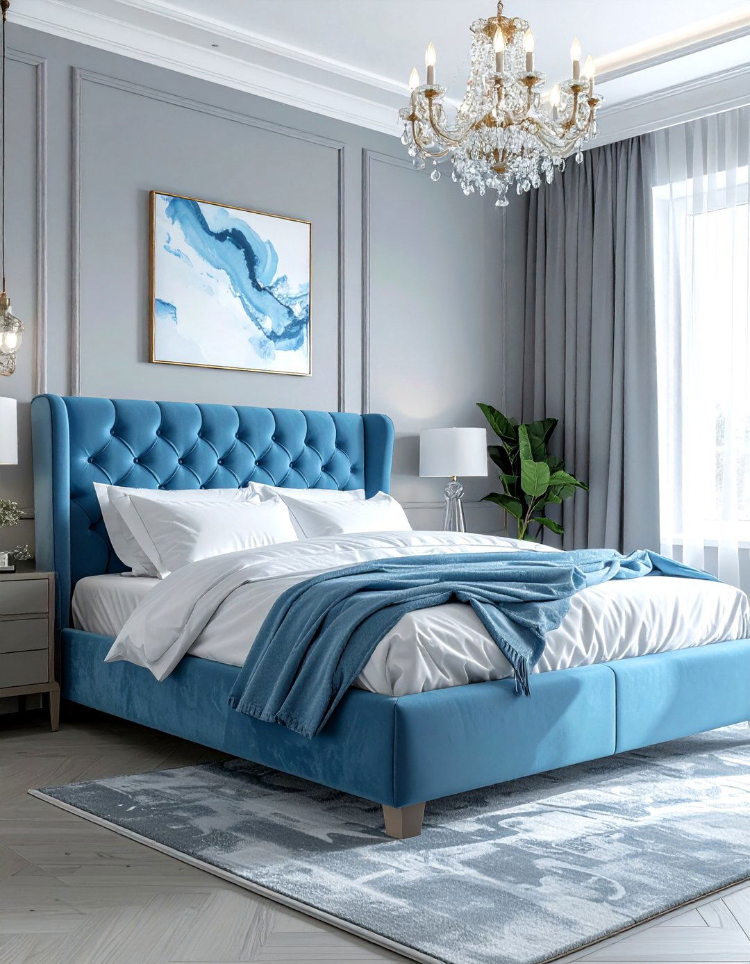 Sky blue velvet bed - 30 sky blue bedroom ideas