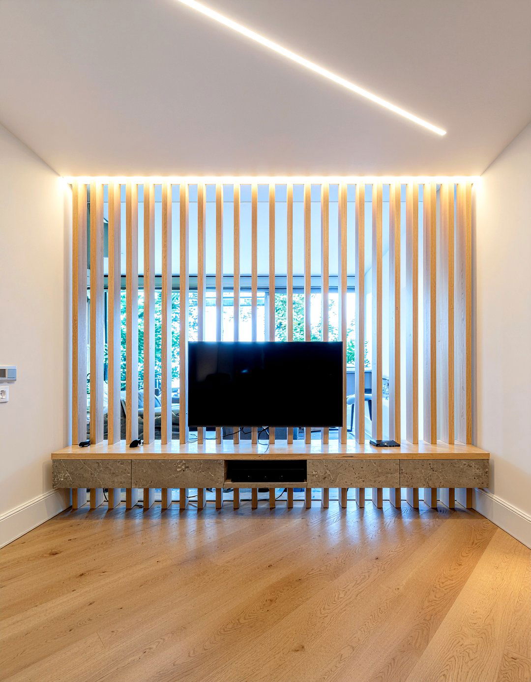 Slat wood accent wall unit - 30 living room wall unit ideas