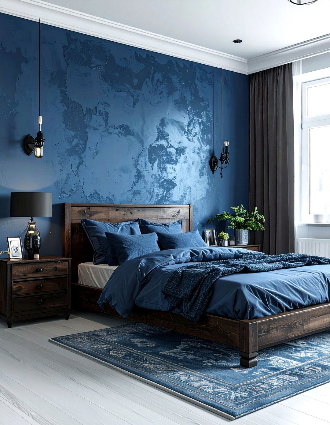 Slate Blue Plaster Wall - 30 industrial blue bedroom ideas