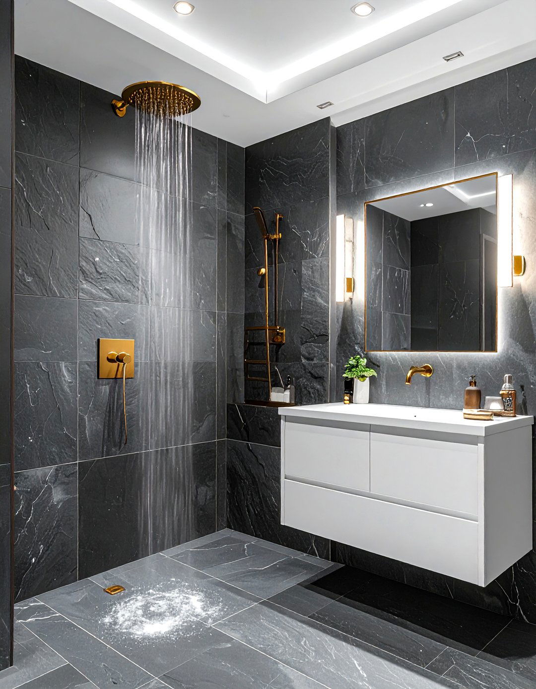 Slate and brass fixtures - 30 slate bathroom ideas