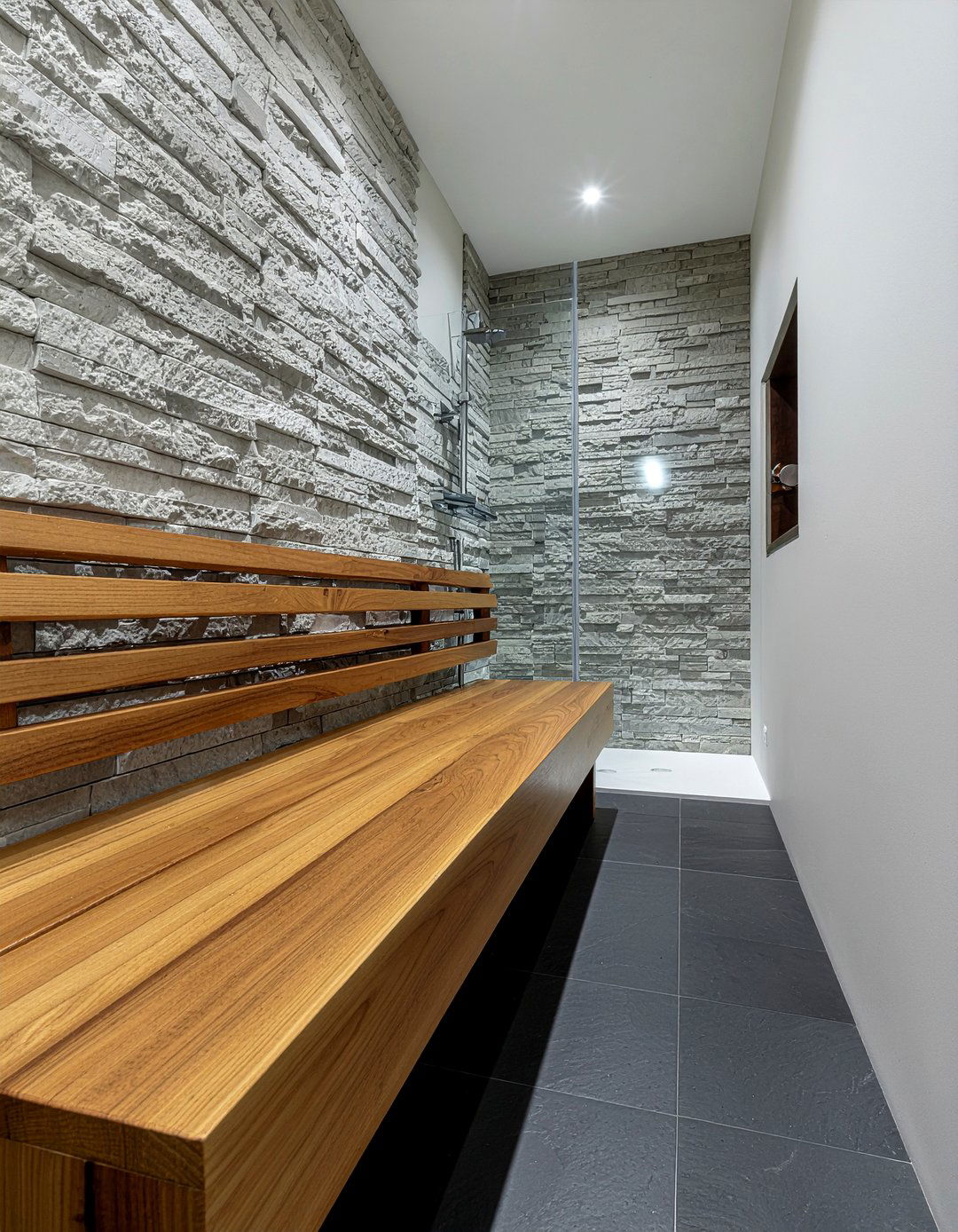 Slate and teak bathroom floor - 30 bathroom material mixing ideas