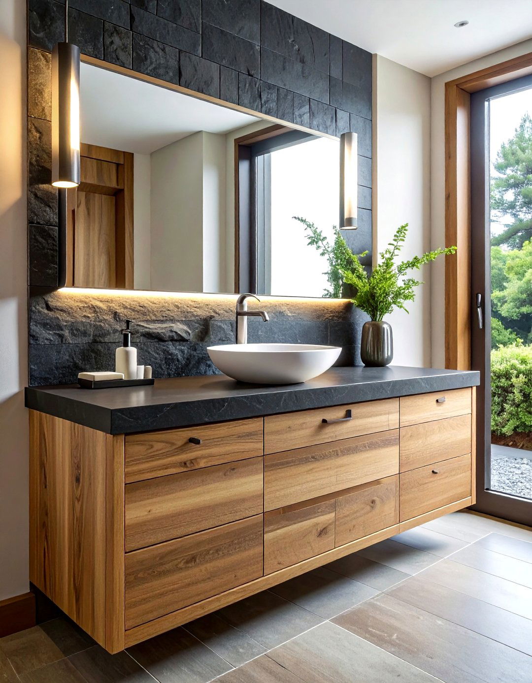 Slate and wood vanity - 30 slate bathroom ideas