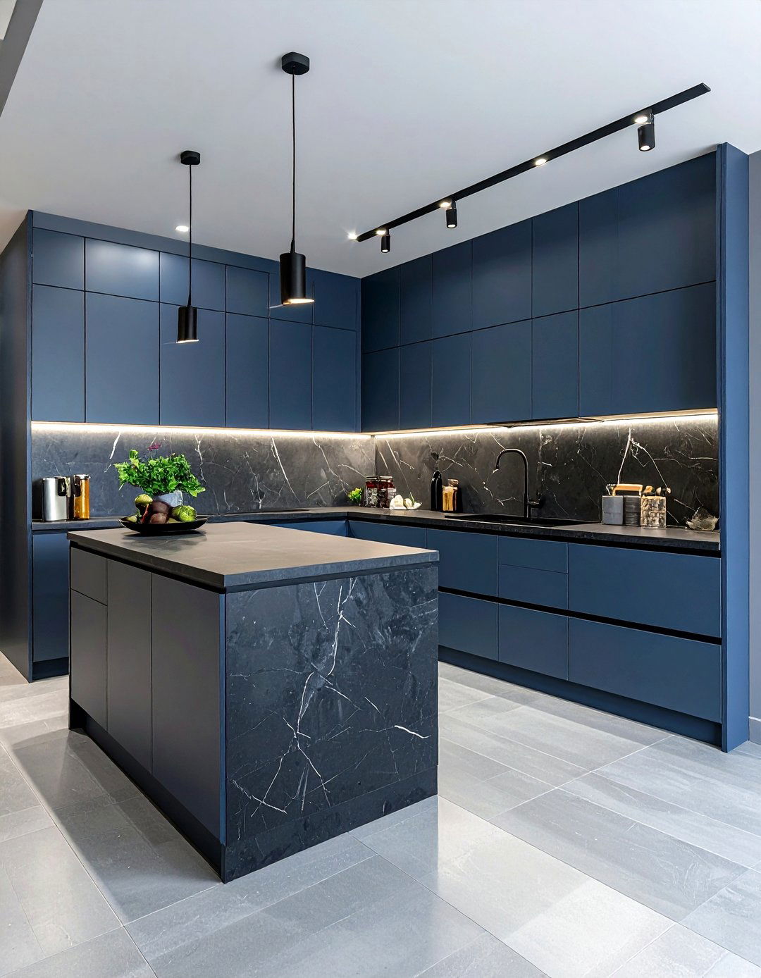 Slate blue kitchen with charcoal countertops - 30 blue and gray kitchen ideas