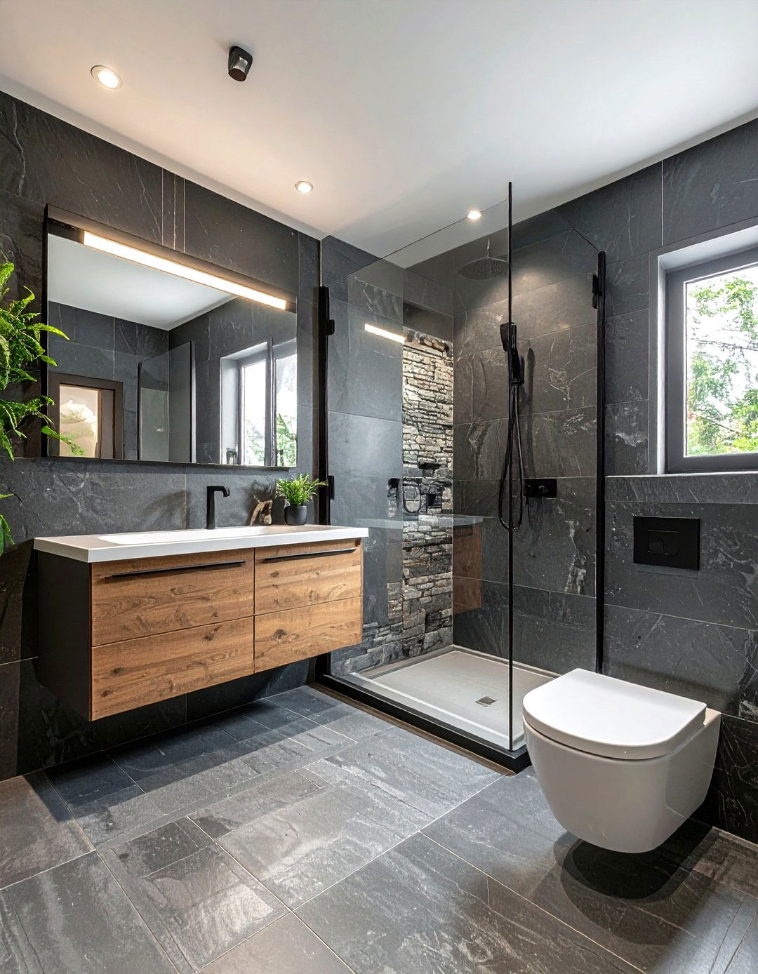 Slate finish large format tile bathroom - 30 oversized tile bathroom ideas