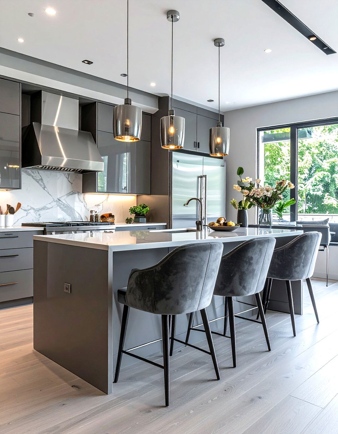 Slate gray velvet seating for sleek kitchen - 30 velvet kitchen ideas