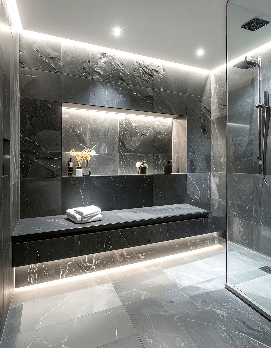 Slate shower bench - 30 slate bathroom ideas