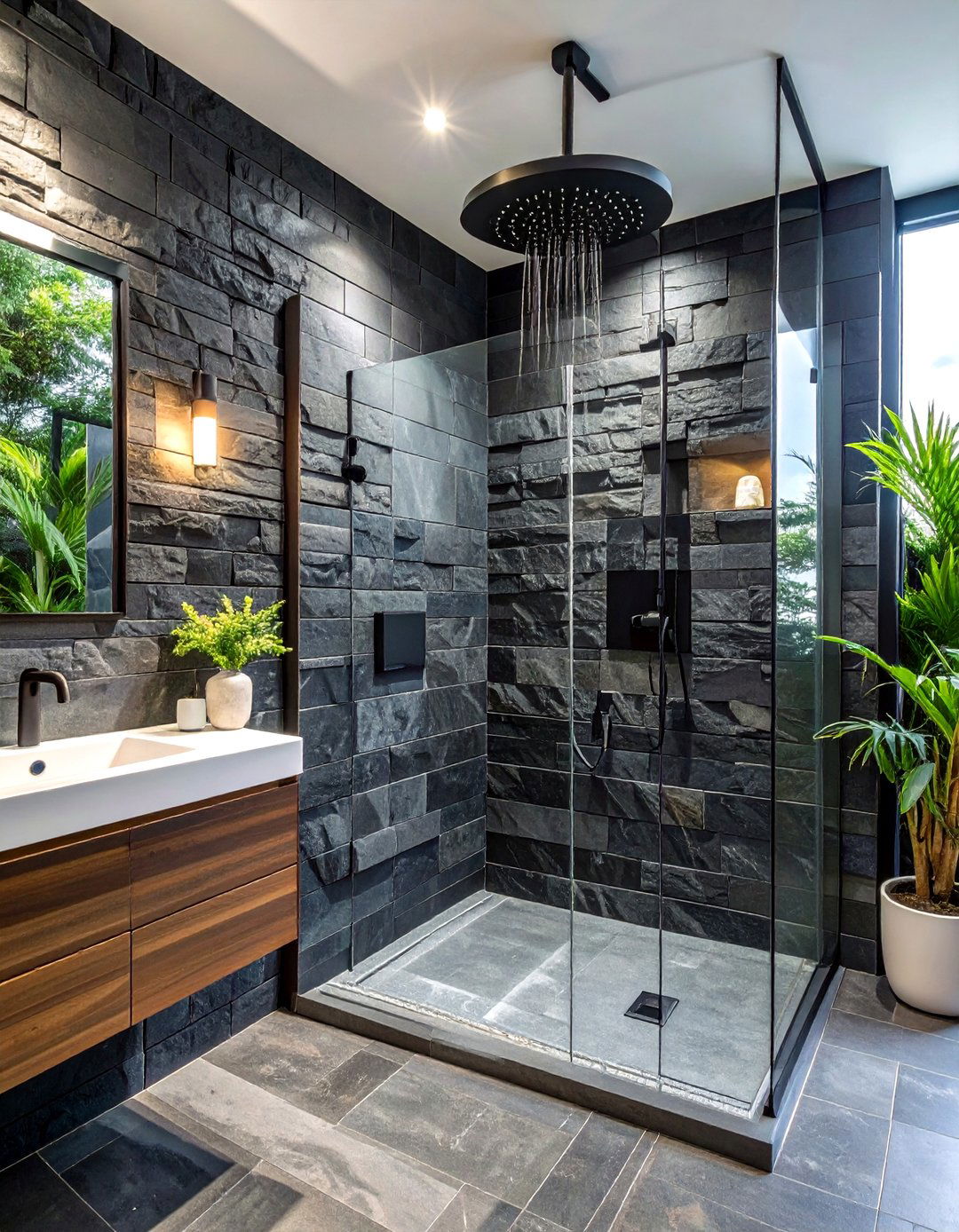 Slate stacked stone shower wall - 30 stacked stone bathroom ideas