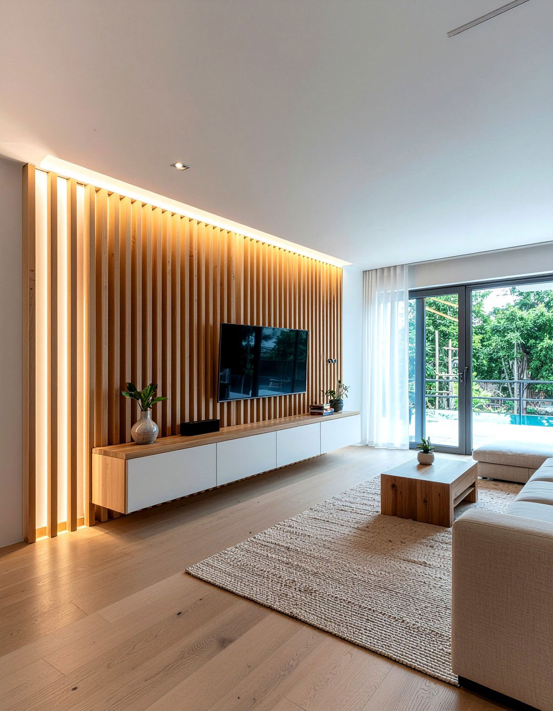 Slatted Wood Accent Wall - 30 living room entertainment wall ideas