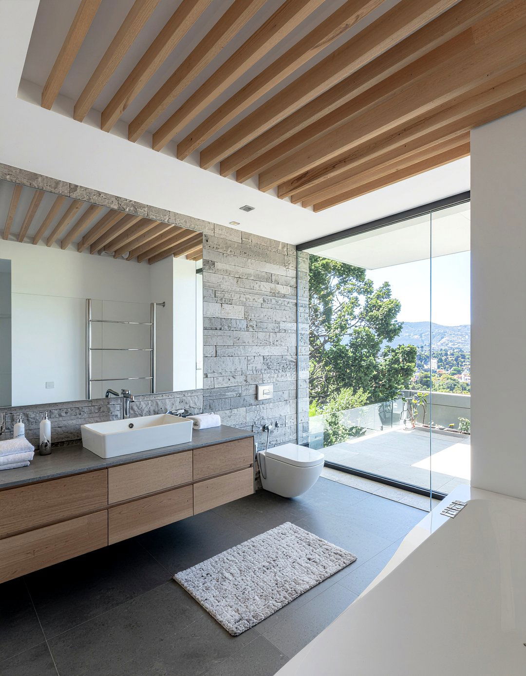 Slatted Wood Ceiling - 30 bathroom dramatic change ideas