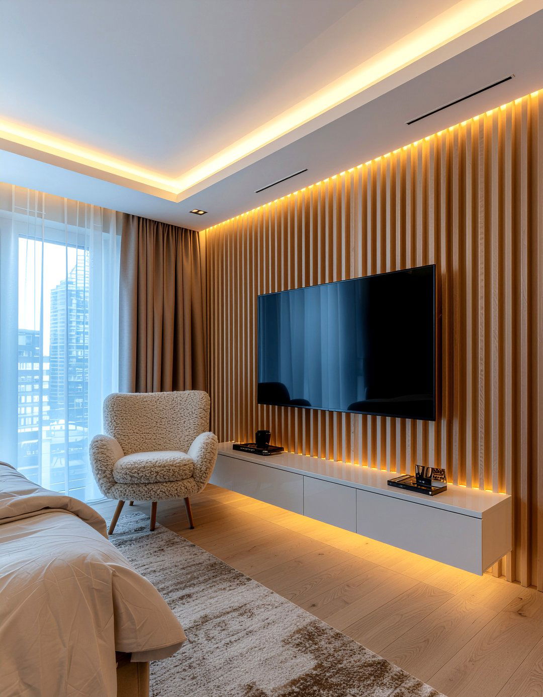 Slatted Wood TV Wall - 30 bedroom tv ideas