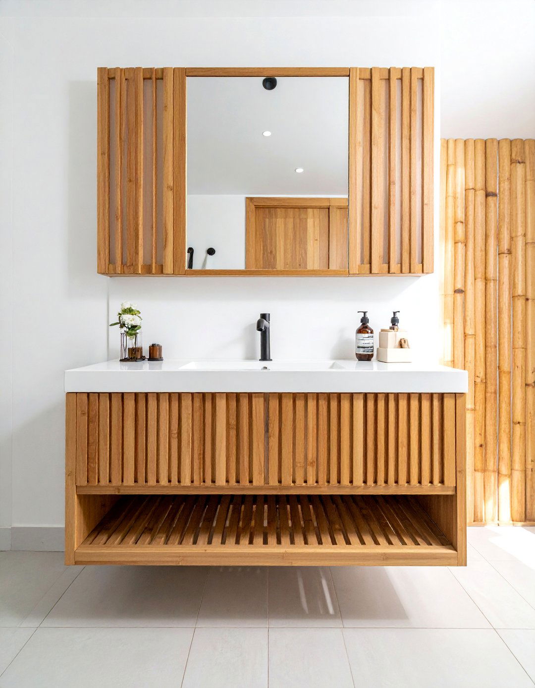 Slatted Wood Vanity - 30 farmhouse bathroom vanity ideas
