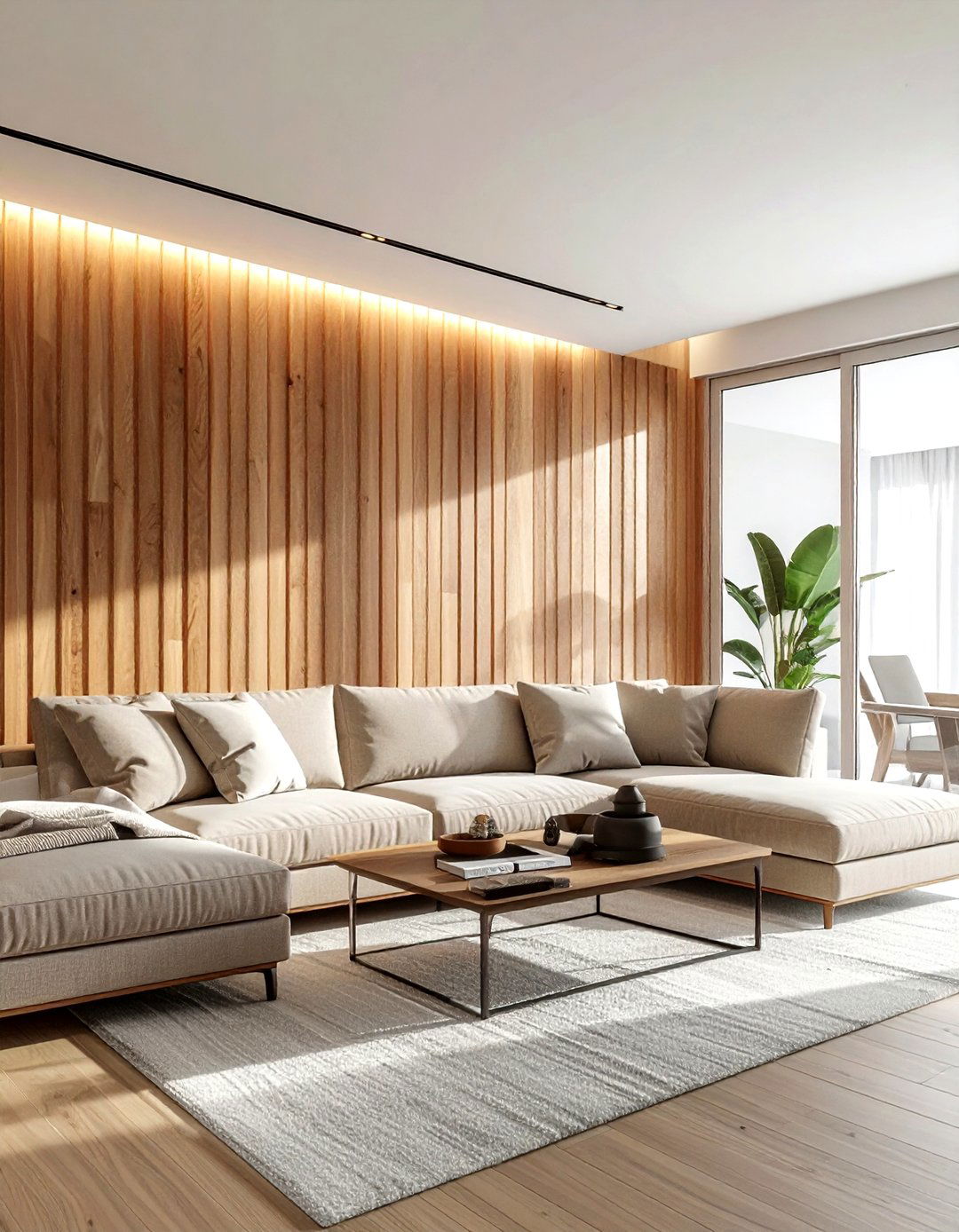 Slatted Wood Wall Living Room - 30 zen living room ideas