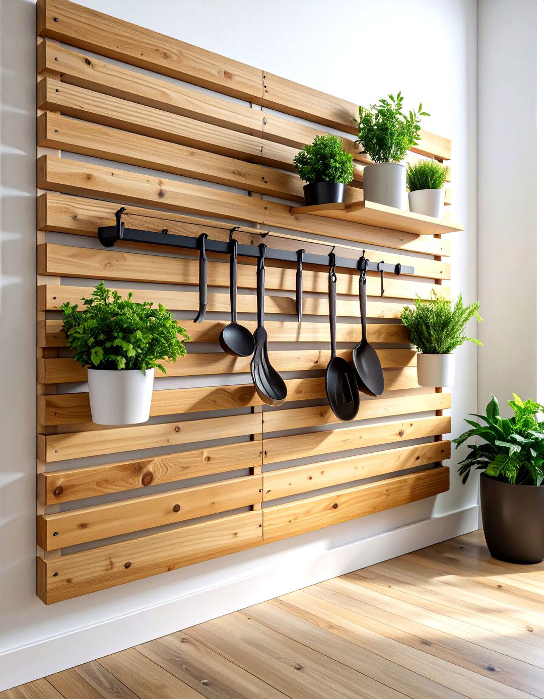 Slatted Wood Wall Storage - 30 kitchen overhead storage ideas