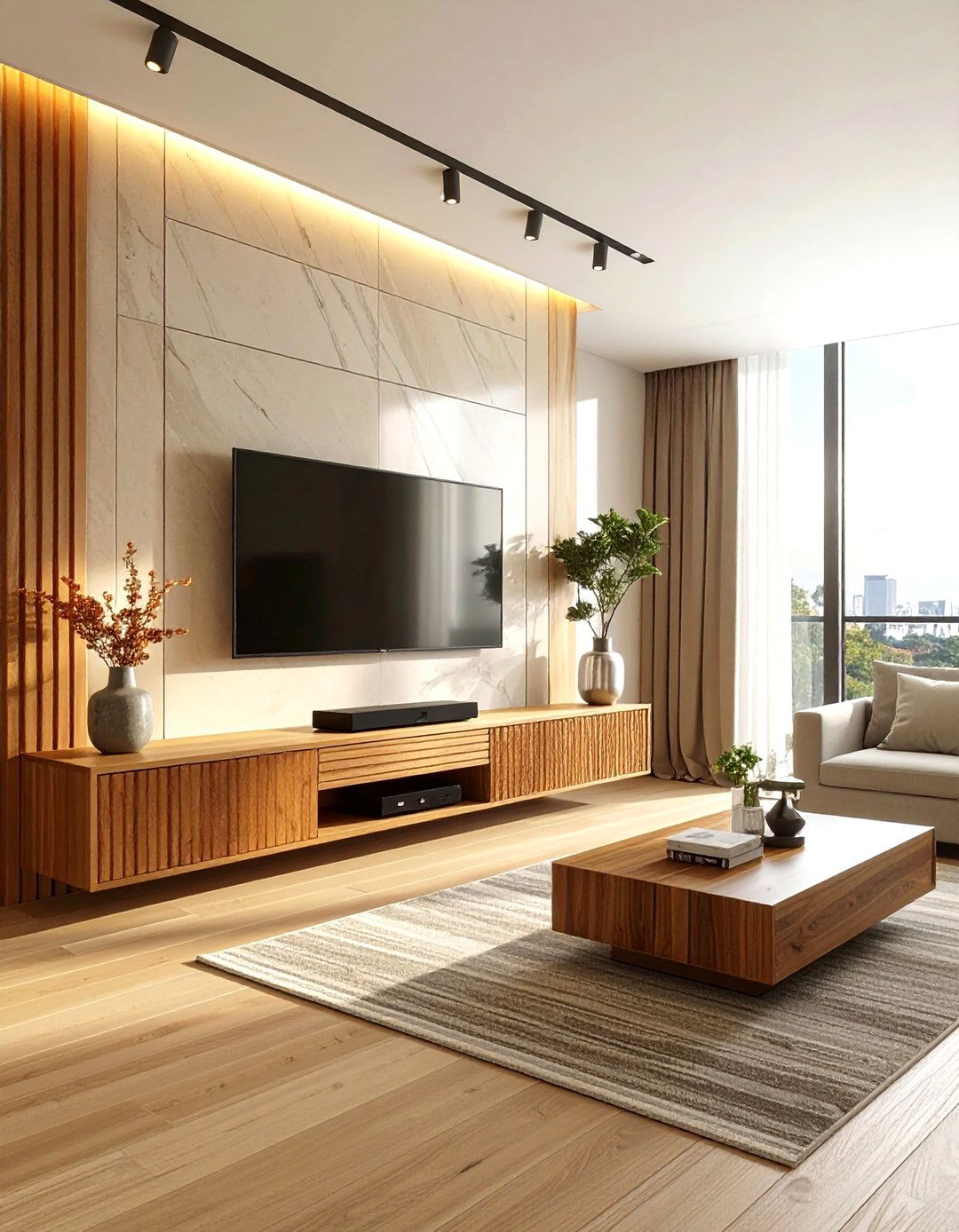 Slatted wood TV console - 30 living room media cabinet ideas