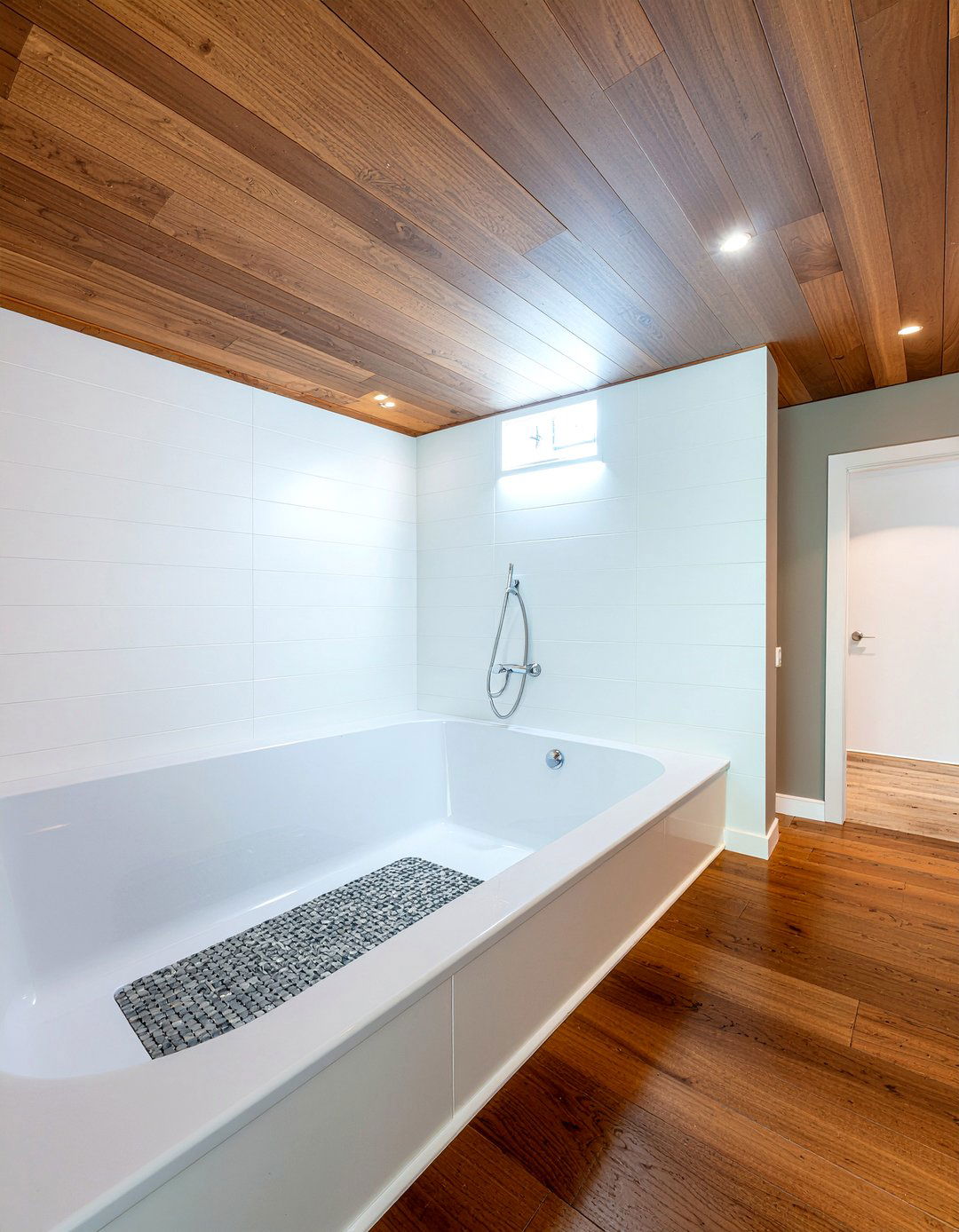 Slatted wood ceiling - 30 bathroom gut renovation ideas