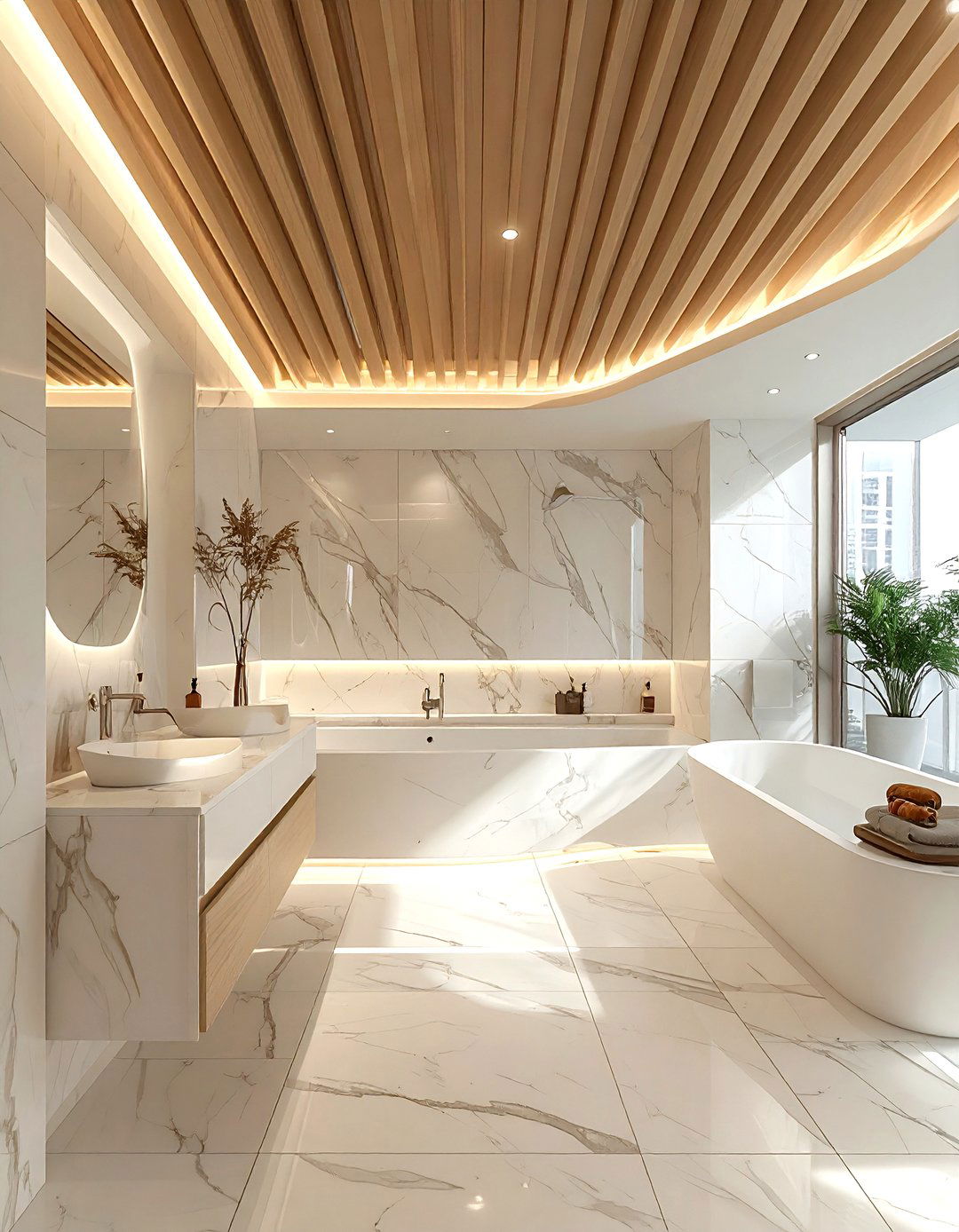 Slatted wood ceiling - 30 spa bathroom ideas