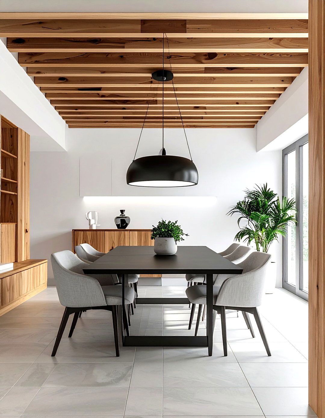Slatted wood dining room ceiling - 30 dining room ceiling design ideas