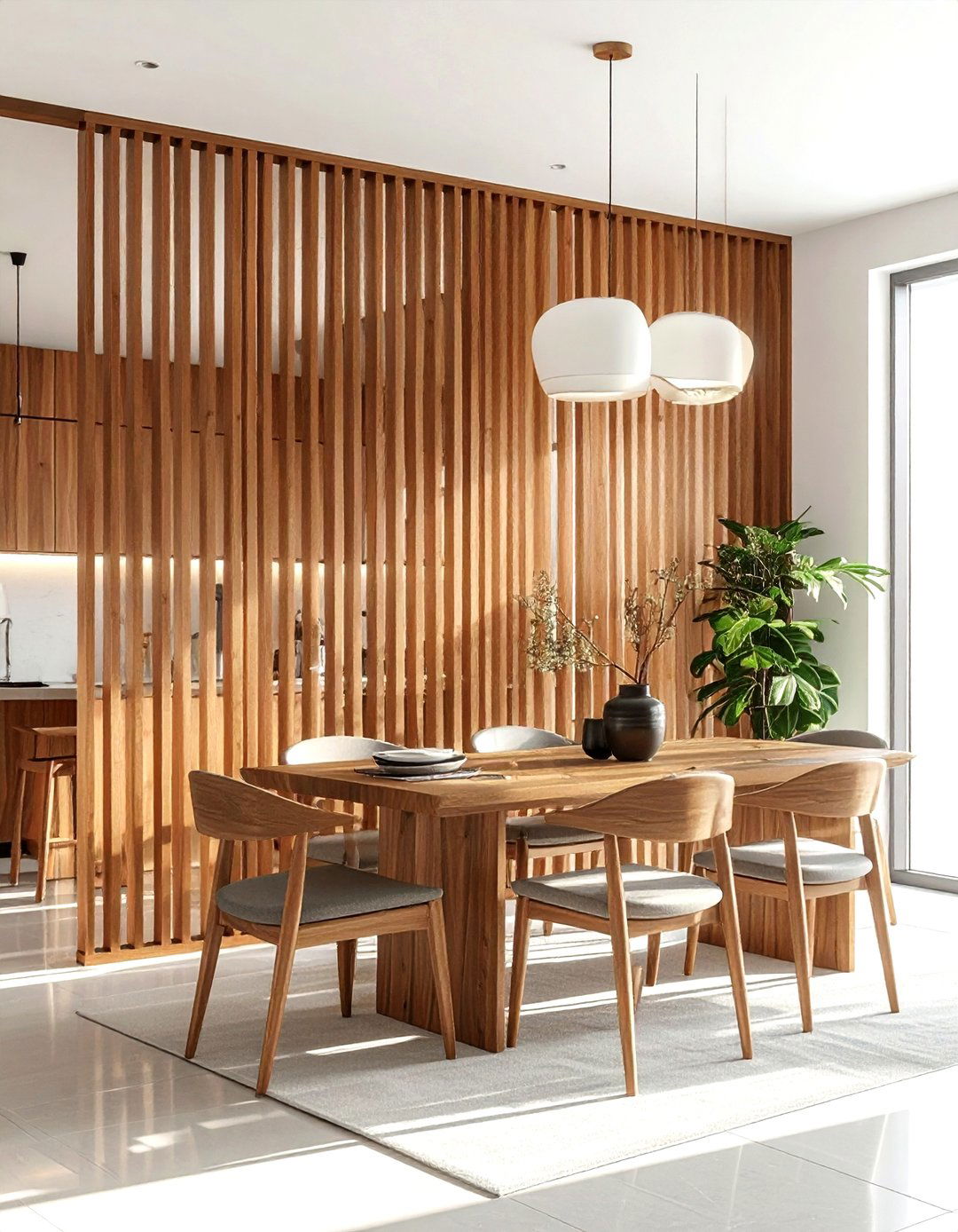 Slatted wood room divider - 30 mid-century modern dining room ideas
