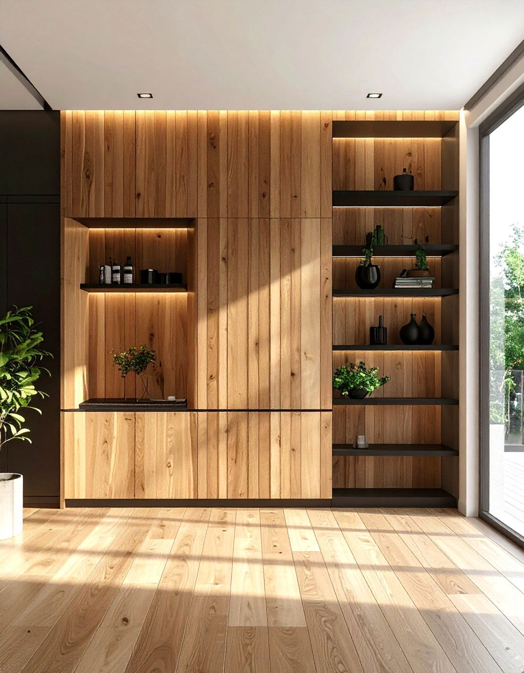 Slatted wood storage wall - 30 living room built-in storage ideas