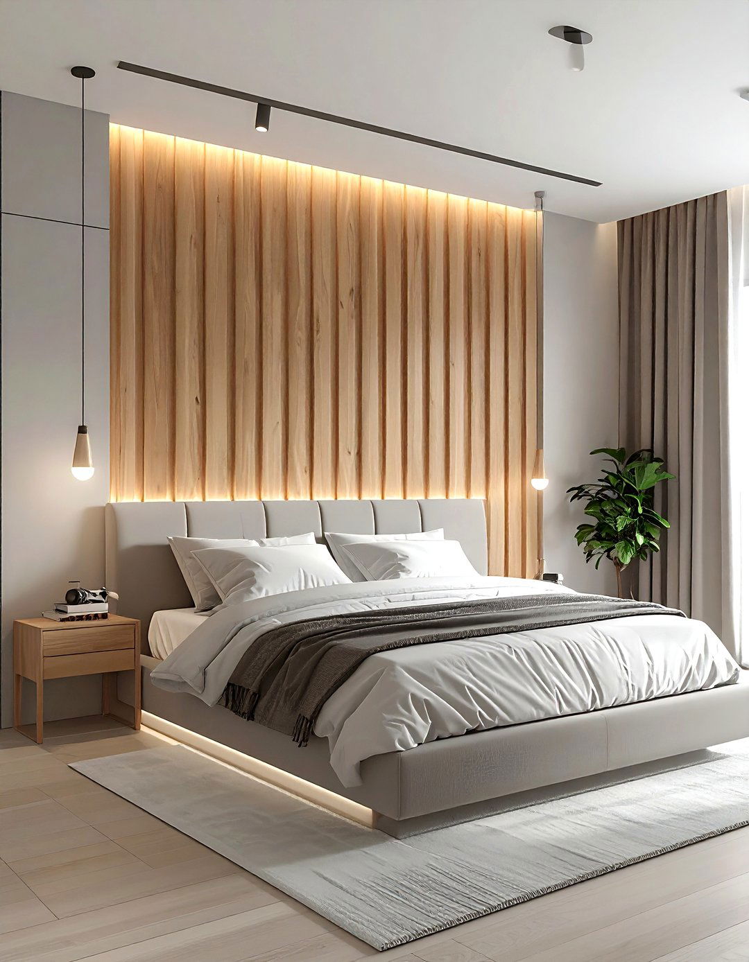 Slatted wood wall panel - 30 scandinavian grey bedroom ideas