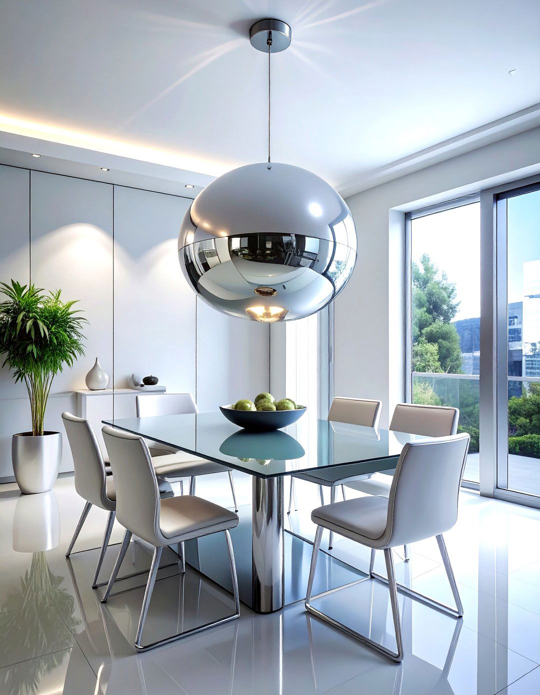 Sleek Chrome Sphere - 30 single pendant dining room ideas