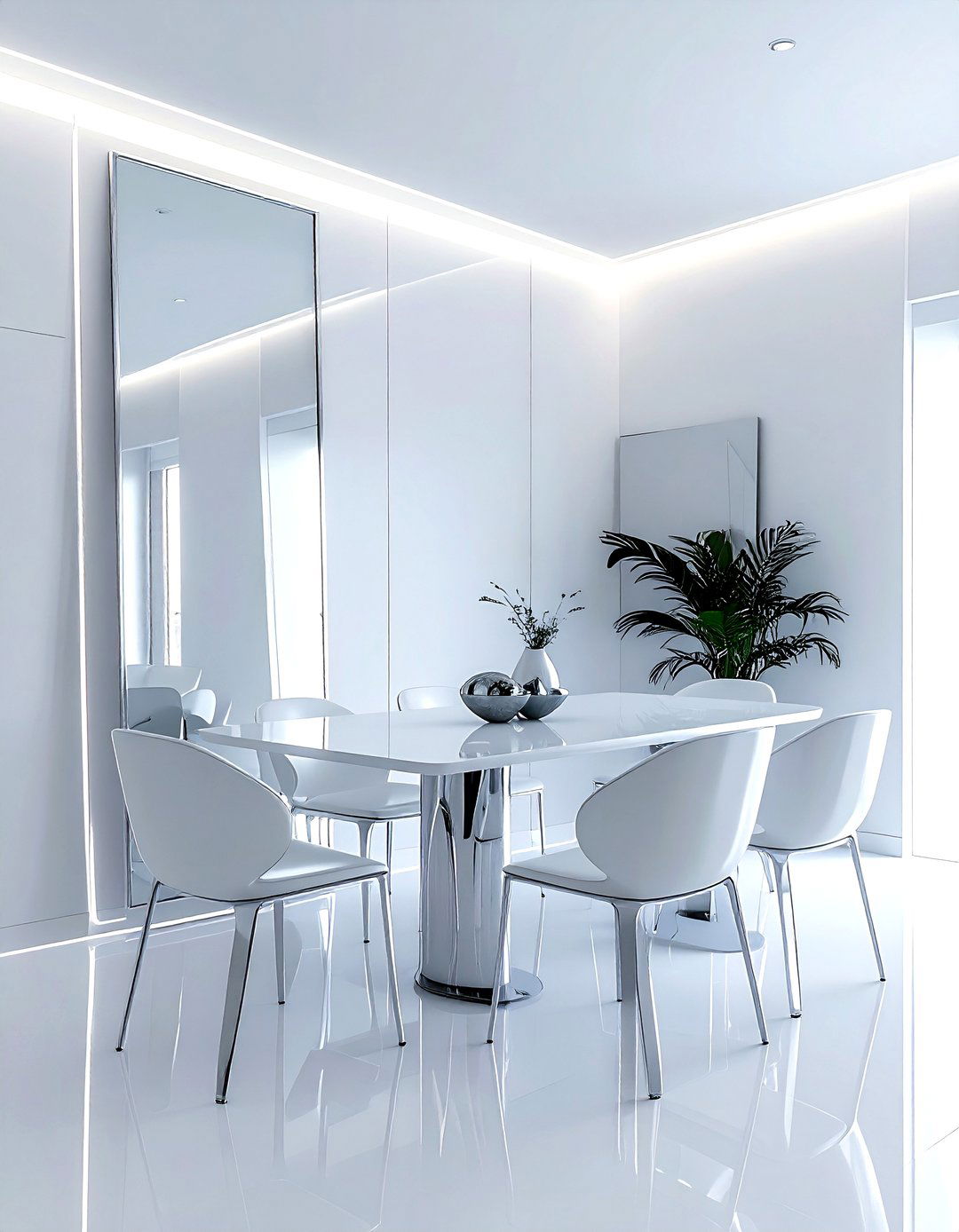Sleek chrome floor mirror - 30 leaning mirror dining room ideas