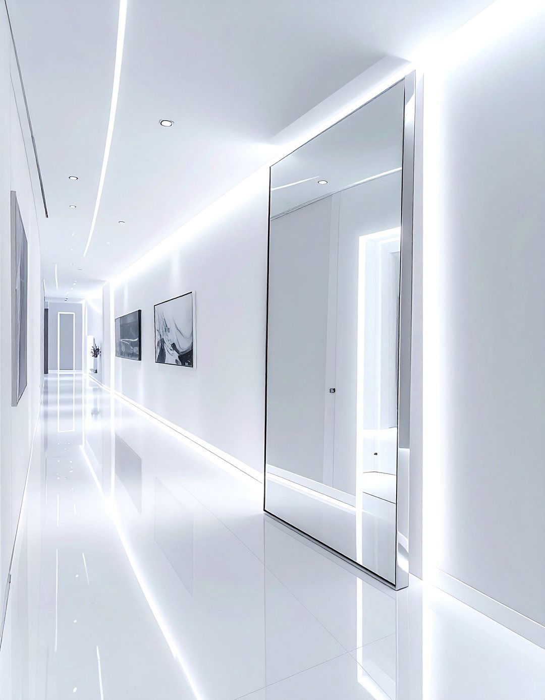 Sleek chrome floor mirror - 30 leaning mirror ideas