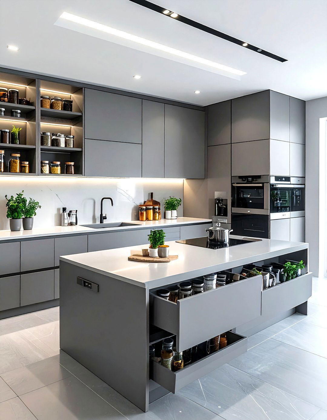 Sleek grey kitchen with integrated spice racks - 30 grey kitchen accessories ideas