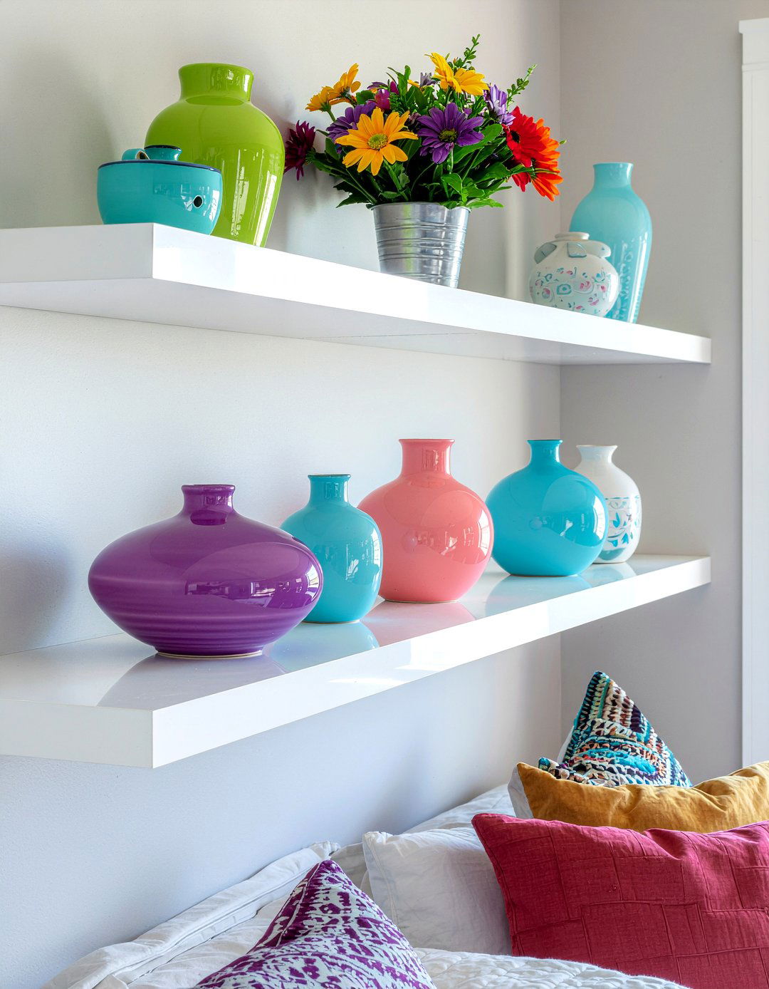 Sleek white ledge shelf - 30 bedroom ledge shelves