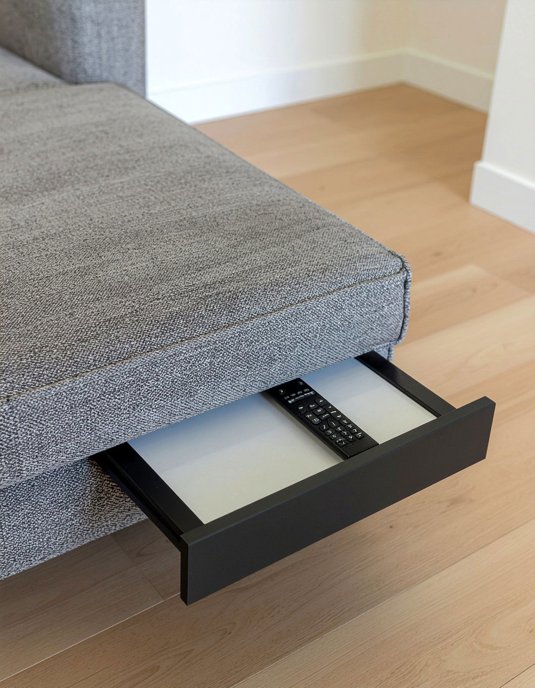 Slide Out Sofa Table - 30 living room remote control storage ideas