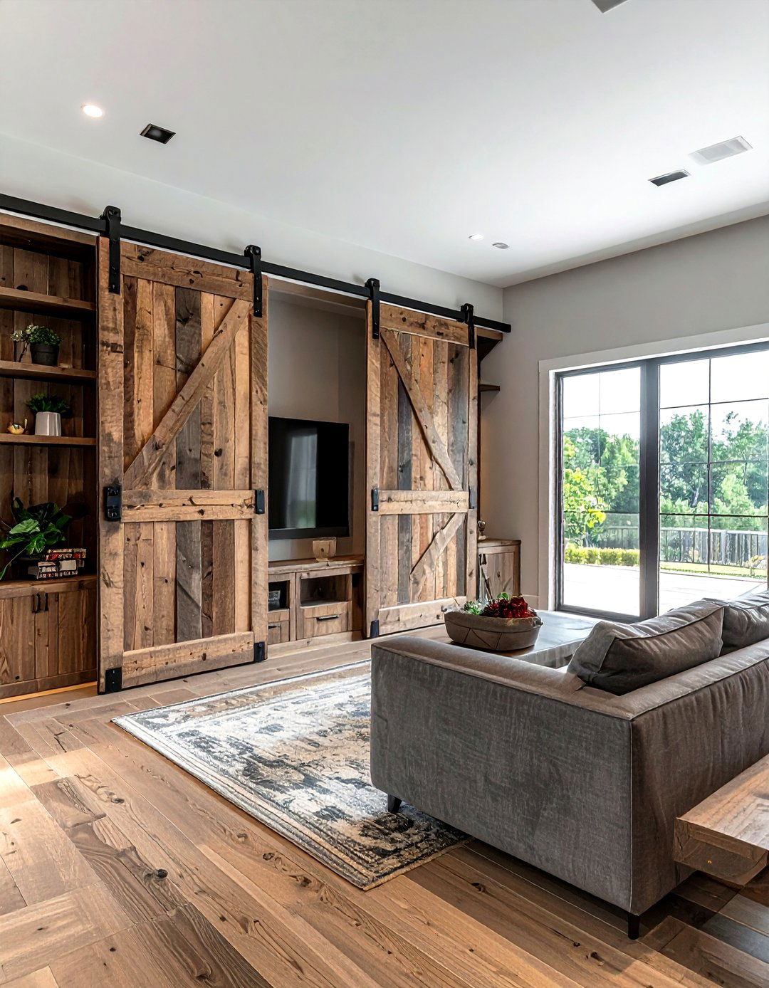 Sliding barn door cabinet - 30 living room wall storage ideas