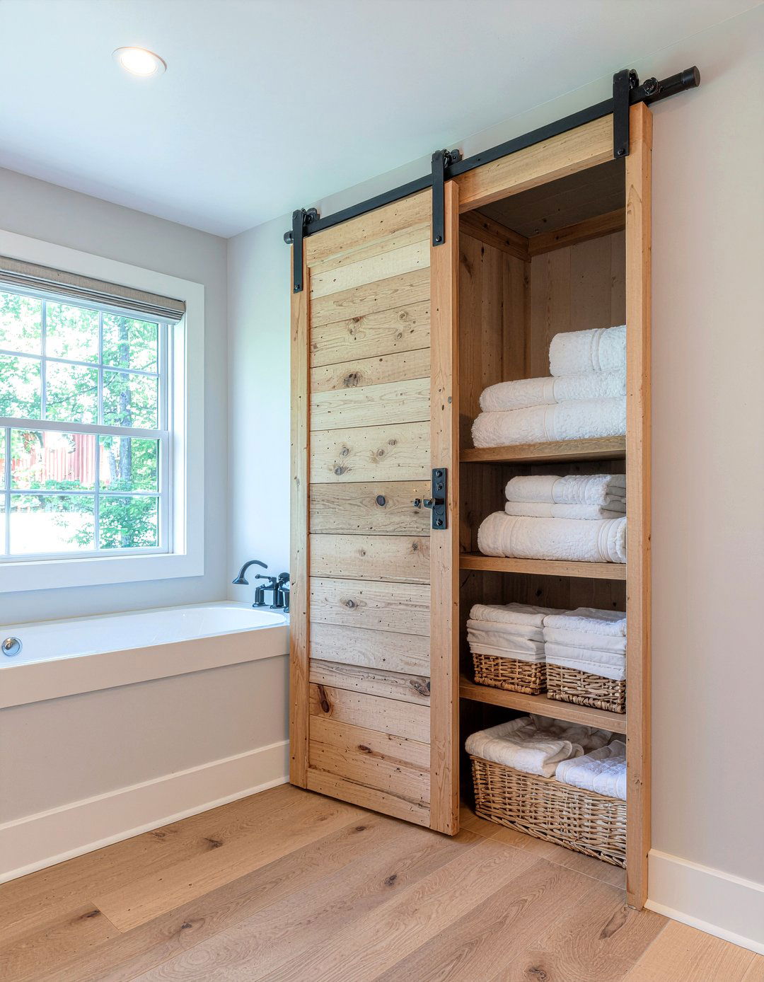 Sliding barn door cabinet - 30 bathroom linen cabinet ideas
