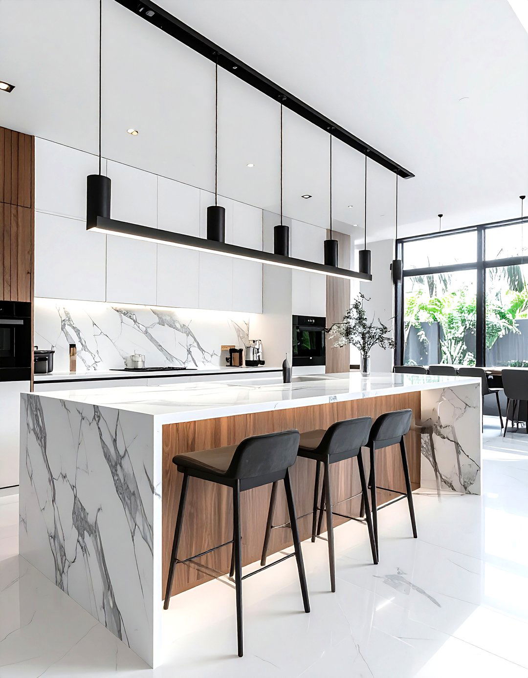 Slim linear suspension lights - 30 kitchen LED lighting ideas