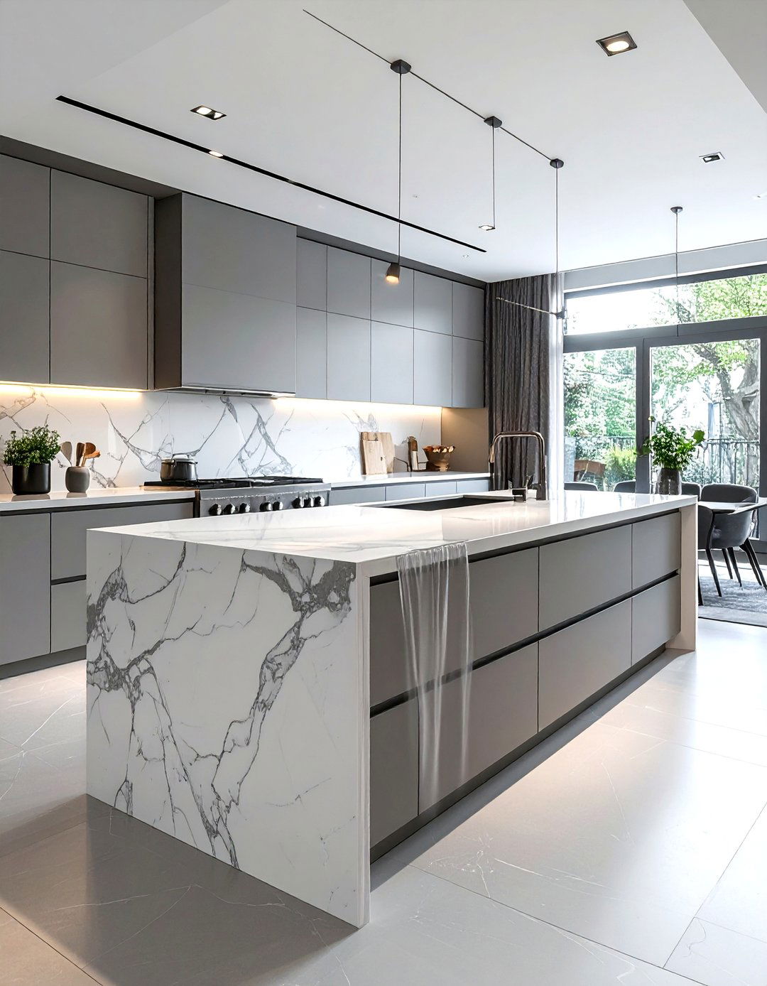 Slim porcelain waterfall island - 30 waterfall countertop kitchen ideas