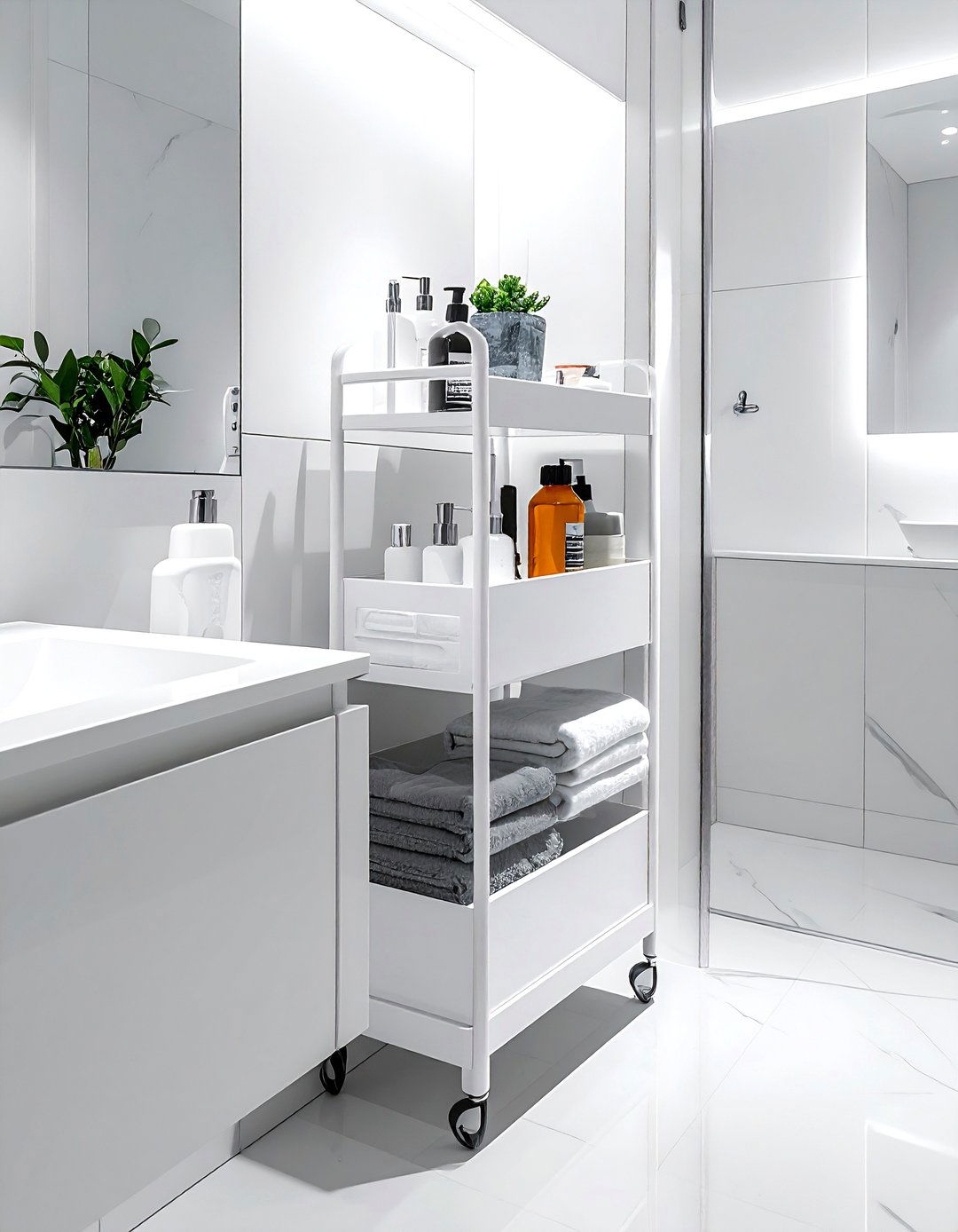 Slim pull out trolley - 30 bathroom storage solutions