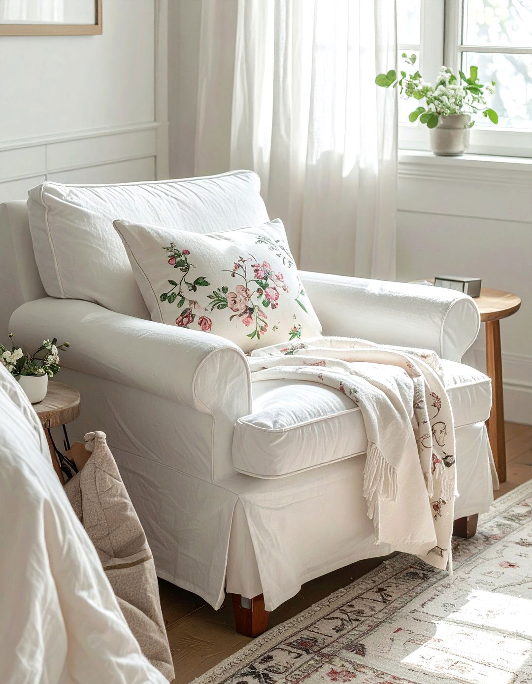 Slipcovered Armchair Seating - 30 shabby chic bedroom ideas