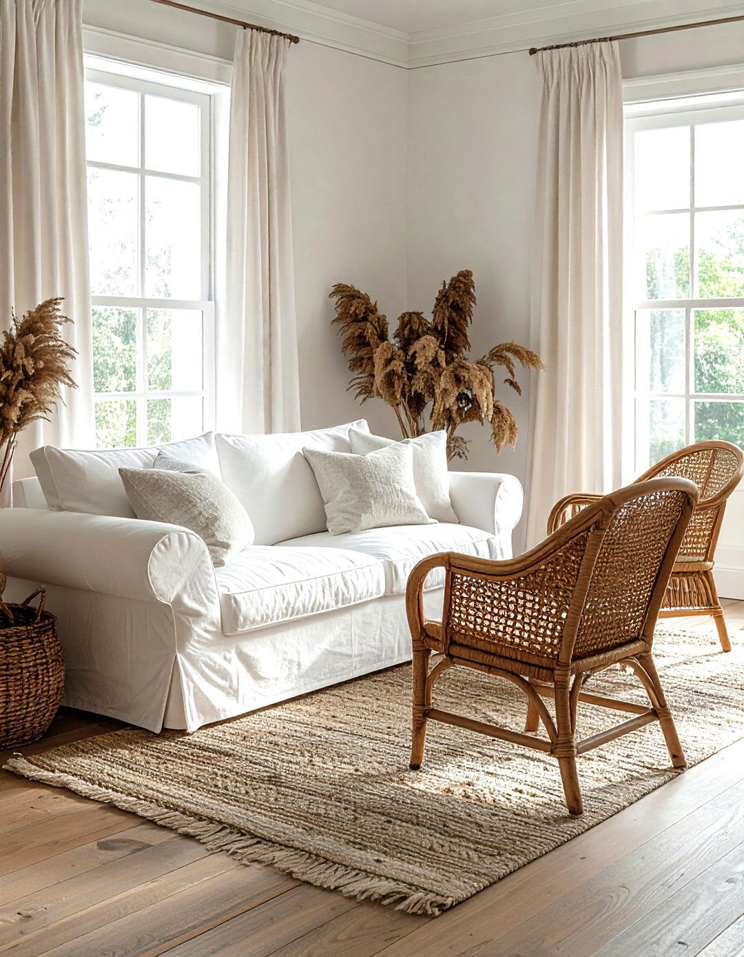 Slipcovered Sofa With Wicker Chairs - 30 living room sofa and chairs ideas