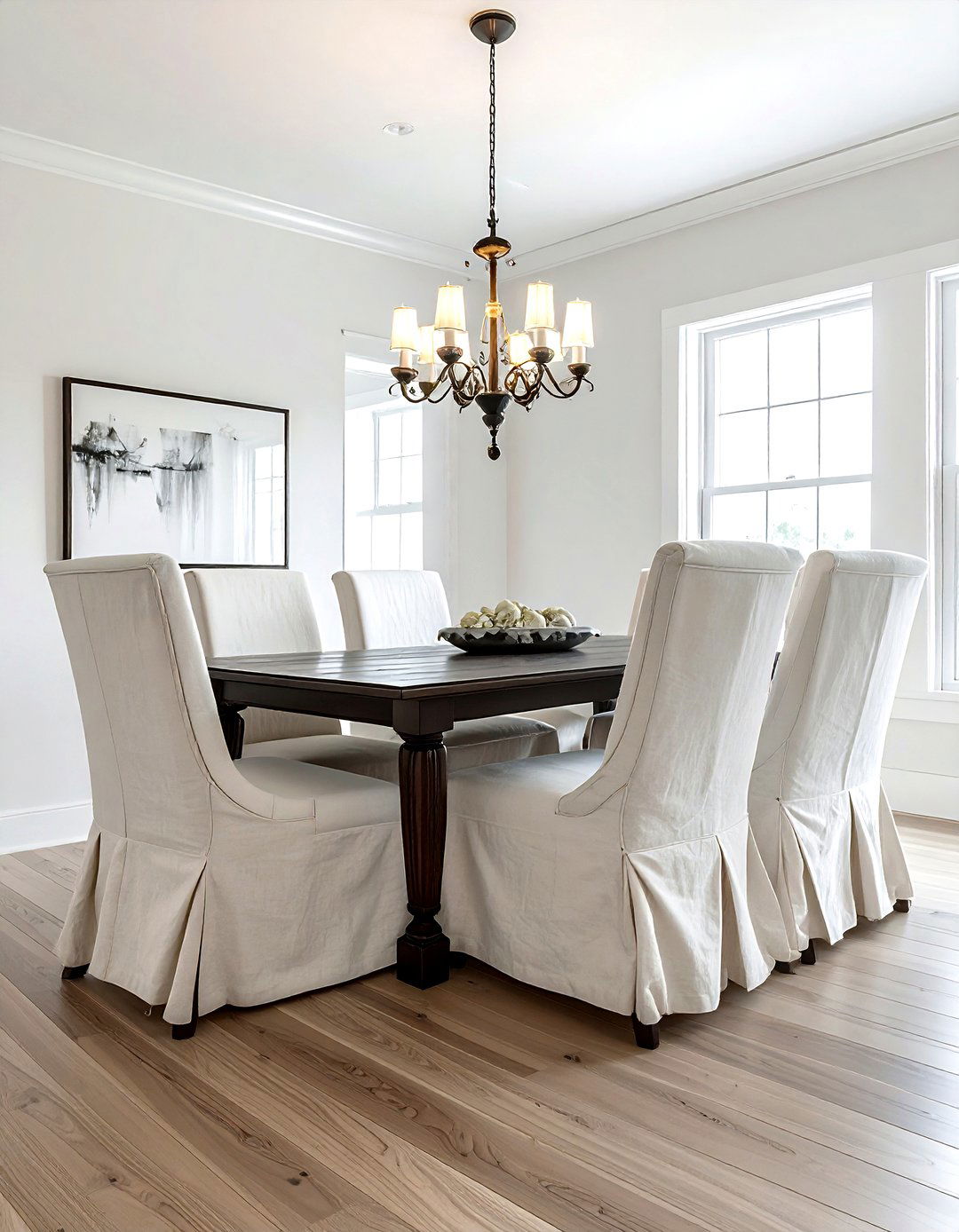 Slipcovered dining chairs - 30 Fixer Upper dining room ideas
