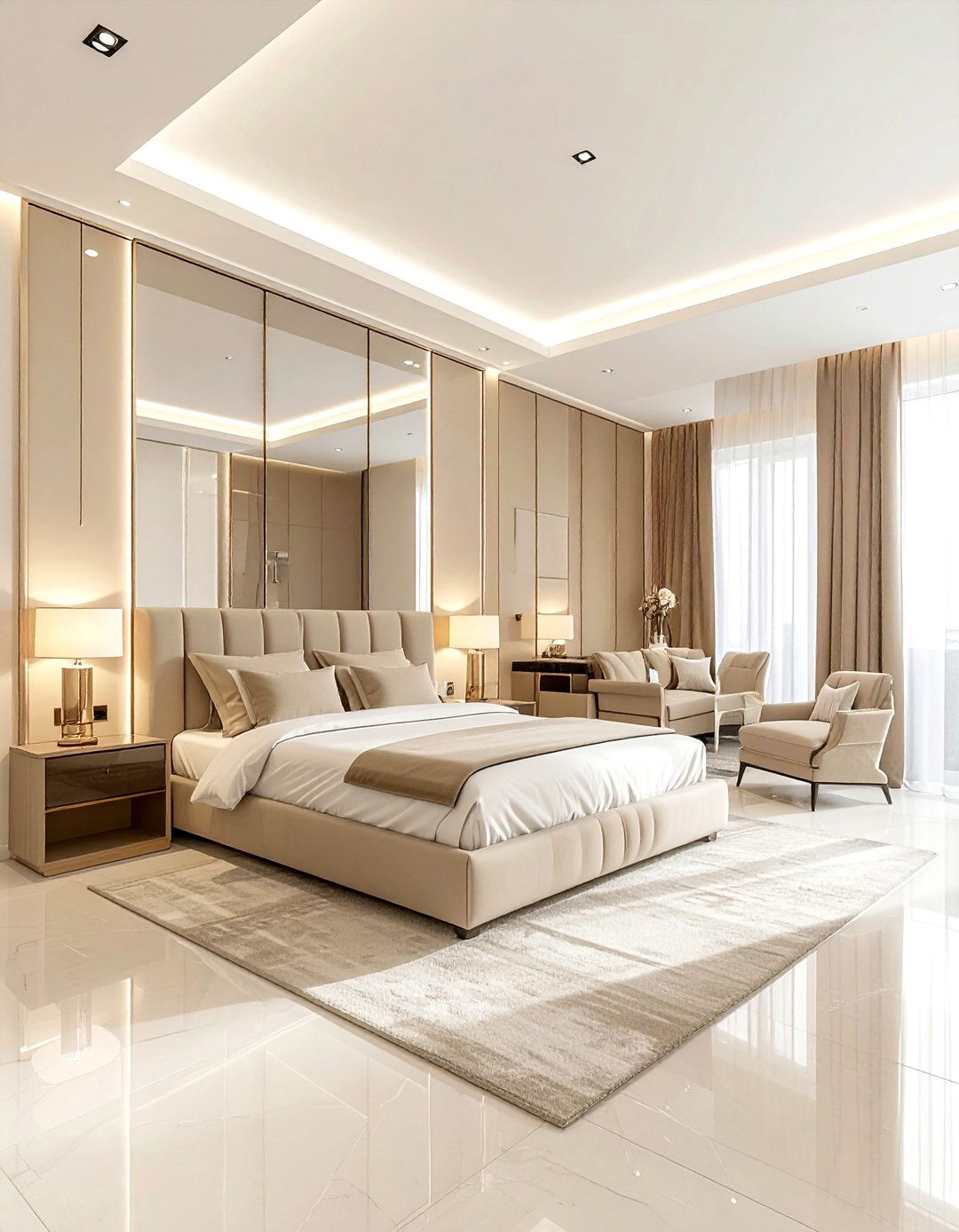 Small beige bedroom with mirrors - 30 contemporary beige bedroom ideas