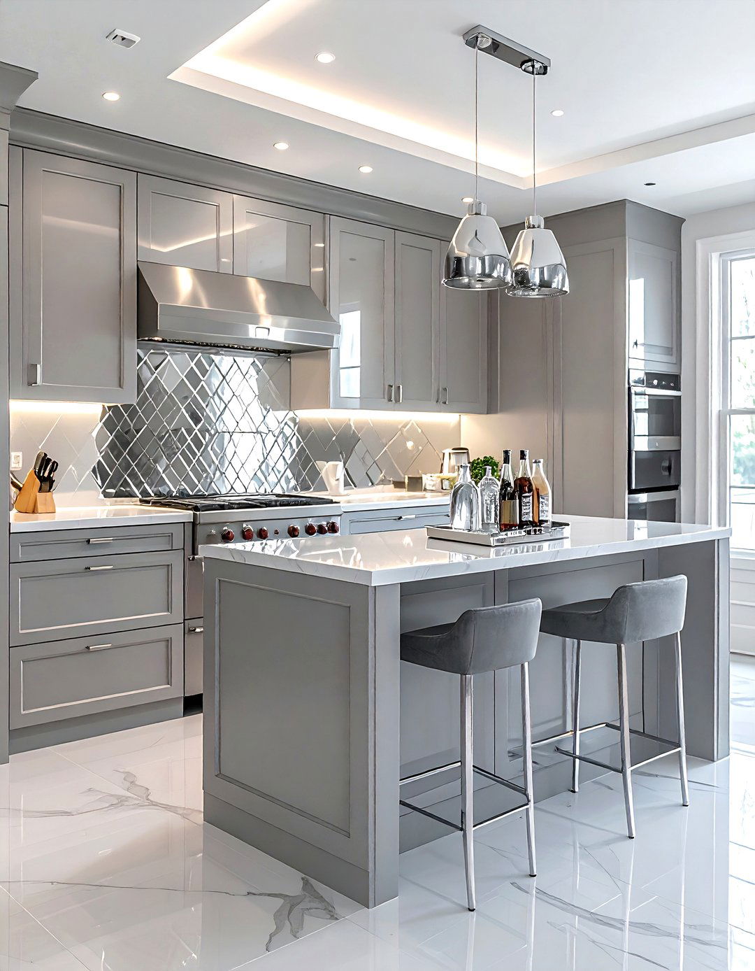 Small grey kitchen with mirrored tray sets - 30 grey kitchen accessories ideas